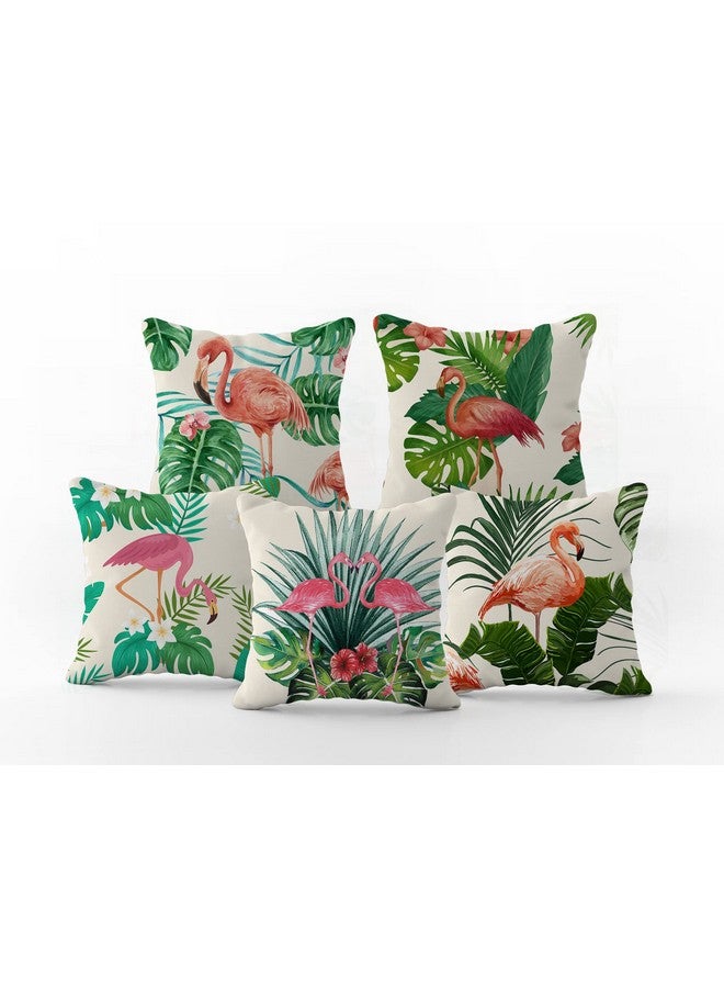HOOPY Canvas Set of 5 Designer Decorative Throw Pillow/Cushion Covers (16 Inch X 16 Inch, Flamingo Print), 100 TC,Pink - Image 4