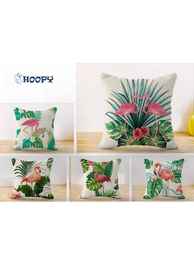 HOOPY Canvas Set of 5 Designer Decorative Throw Pillow/Cushion Covers (16 Inch X 16 Inch, Flamingo Print), 100 TC,Pink - Image 2