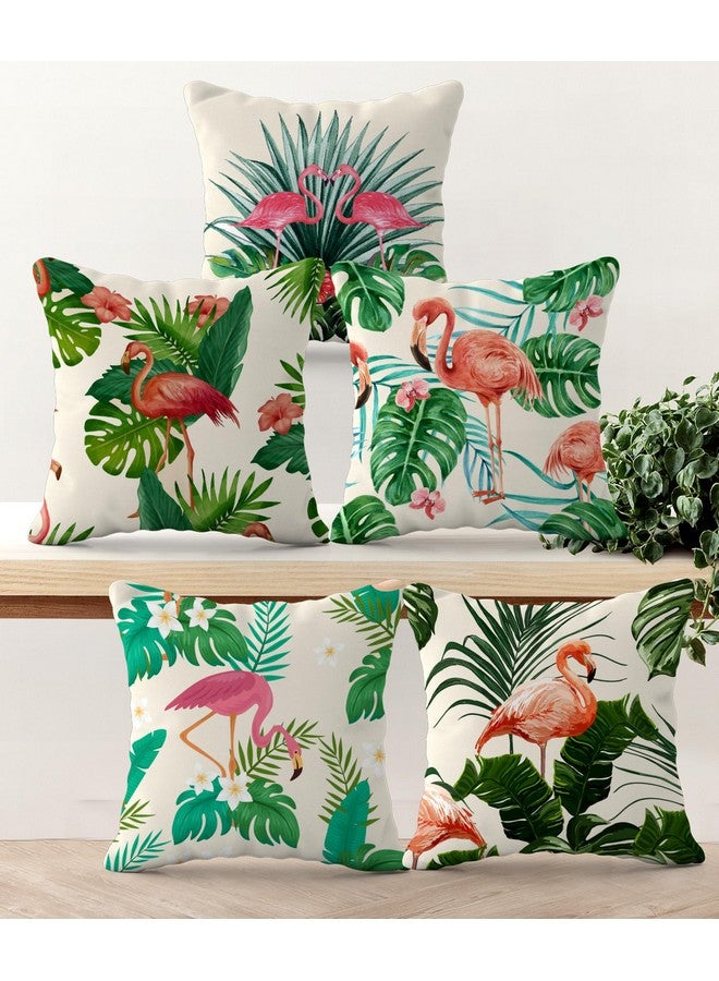 HOOPY Canvas Set of 5 Designer Decorative Throw Pillow/Cushion Covers (16 Inch X 16 Inch, Flamingo Print), 100 TC,Pink - Image 1