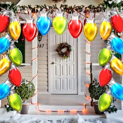 Civaner 60 Large Christmas Light Bulb Balloon Door Decoration 18 x 114 Inch Inflatable Christmas Foil Balloons Multicolored Xmas Light Bulb Party Decor and 2 Rolls 98 Feet Nylon Rope - Image 1
