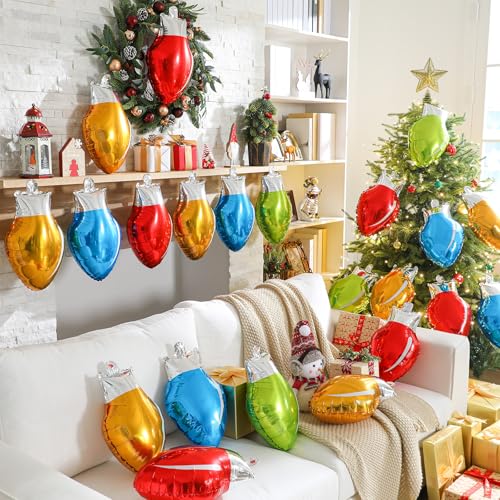 Civaner 60 Large Christmas Light Bulb Balloon Door Decoration 18 x 114 Inch Inflatable Christmas Foil Balloons Multicolored Xmas Light Bulb Party Decor and 2 Rolls 98 Feet Nylon Rope - Image 5