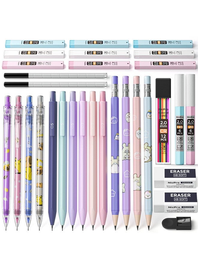 Nicpro 32Pcs Cute Mechanical Pencil Set In Case 14Pcs Pastel Aesthetic Pencils 0.5 & 0.7 & 0.9 Mm & 2Mm Lead Holder 12 Tubes Lead Refills(2B Hb Colors) 3 Erasers For School Student Girls Writing - Image 1