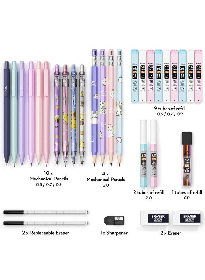 Nicpro 32Pcs Cute Mechanical Pencil Set In Case 14Pcs Pastel Aesthetic Pencils 0.5 & 0.7 & 0.9 Mm & 2Mm Lead Holder 12 Tubes Lead Refills(2B Hb Colors) 3 Erasers For School Student Girls Writing - Image 3