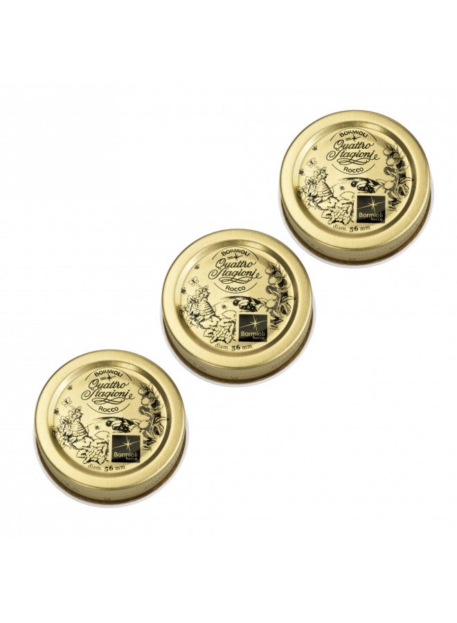 Bormioli Rocco Metal Replacement Lids for Quattro Stagioni Jars, Preserving Jars, Hermetic, Resealable Jars, Food in Jars, Set of 3, 56 mm, Gold - Image 1