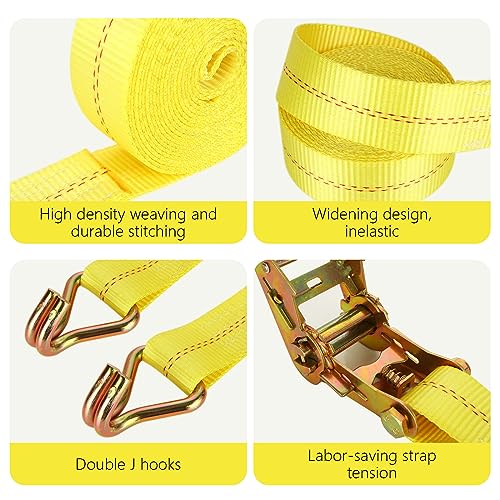 LISHINE 4 Pack 2 Inch Ratchet Straps Heavy Duty 20ft Tie Down Straps Ratchet with Double J Hook, 10000 LBS Break Strength, Cargo Ratchet Straps for Moving, Truck, Trailers, Motorcycles, Kayaks, Car Roof - Image 3