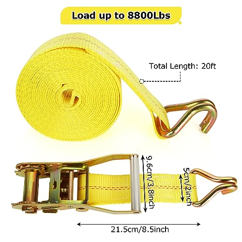 LISHINE 4 Pack 2 Inch Ratchet Straps Heavy Duty 20ft Tie Down Straps Ratchet with Double J Hook, 10000 LBS Break Strength, Cargo Ratchet Straps for Moving, Truck, Trailers, Motorcycles, Kayaks, Car Roof - Image 2
