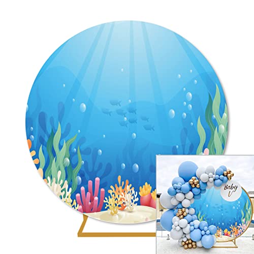 Eainb 7ft(2.2m) Under The Sea Round Polyester Backdrop for Photography Underwater Round Background Cover Summer Blue Ocean Theme Wonderland Circle Backdrops Kids Children Birthday Party Wallpaper Decor - Image 1