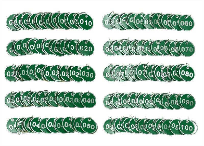 ONLYKXY 1-100 رقم ملون علامات معدنية صلبة مع علامات تعريفية لتعليق الحقائب مع حلقات مفصولة لنظام تحديد الصناديق المفاتيح المنظمة (أخضر) - Image 1