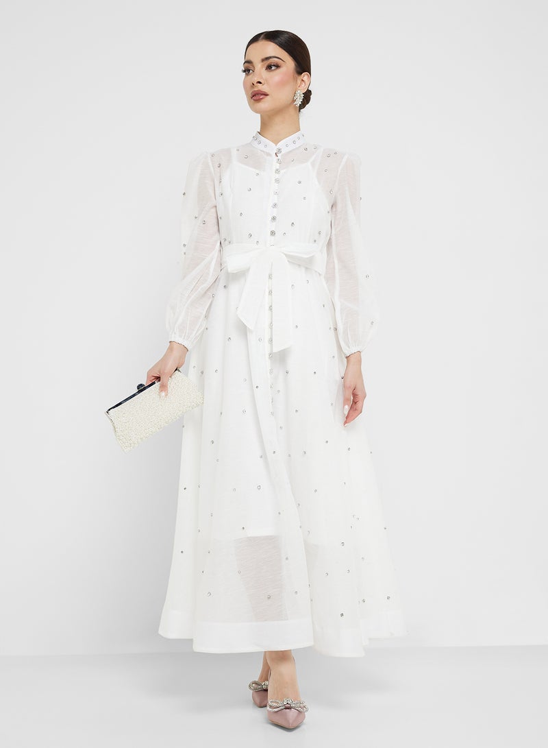 Khizana Belted A-Line Sheer Dress - Image 1