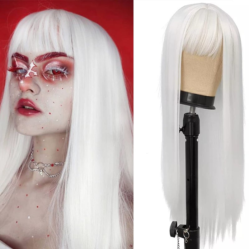 Netgo White Wig with Bangs Long Straight White Wig for Women 27 Inch Heat Resistant Synthetic Womens Hair Wigs for Cosplay Party Halloween