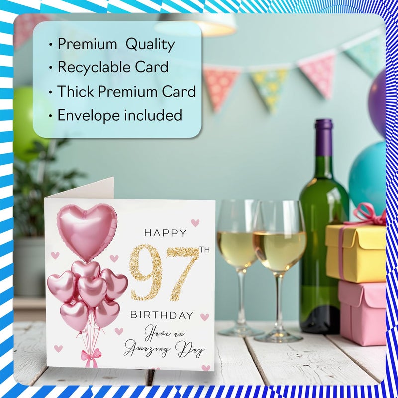Stuff4 بطاقات عيد ميلاد 97 للنساء من Stuff4 - بالونات وردية لامعة - بطاقة عيد ميلاد سعيد لامرأة تبلغ من العمر 97 عامًا، مربية، عمة، زوجة، جران، بطاقات تهنئة لعيد الميلاد مقاس 5.7 بوصة - Image 3