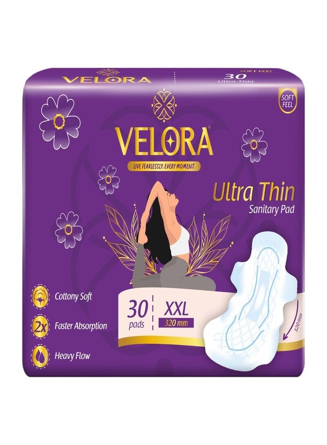 Velora Ultra Thin Trifold Sanitary Pads for Women and Girls, 2X Absorption, Skin Friendly, Heavy Flow, Double Flaps, Cotton-y Soft, Wider Back Sanitary Napkins, 320mm Size, 30 Pads - Image 1