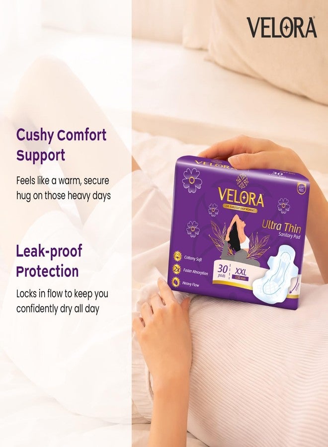 Velora Ultra Thin Trifold Sanitary Pads for Women and Girls, 2X Absorption, Skin Friendly, Heavy Flow, Double Flaps, Cotton-y Soft, Wider Back Sanitary Napkins, 320mm Size, 30 Pads - Image 2