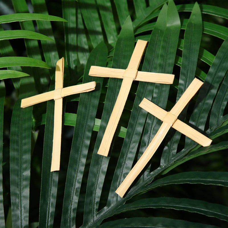 FineCheer 50 Pcs Easter Palm Sunday Decoration Crafts Including 25 5'' Religious Crosses and 25 9.4'' Artificial Palm Leaves Large Faux Plants Branches for Sunday Church Arrangement Party Decoration - Image 4