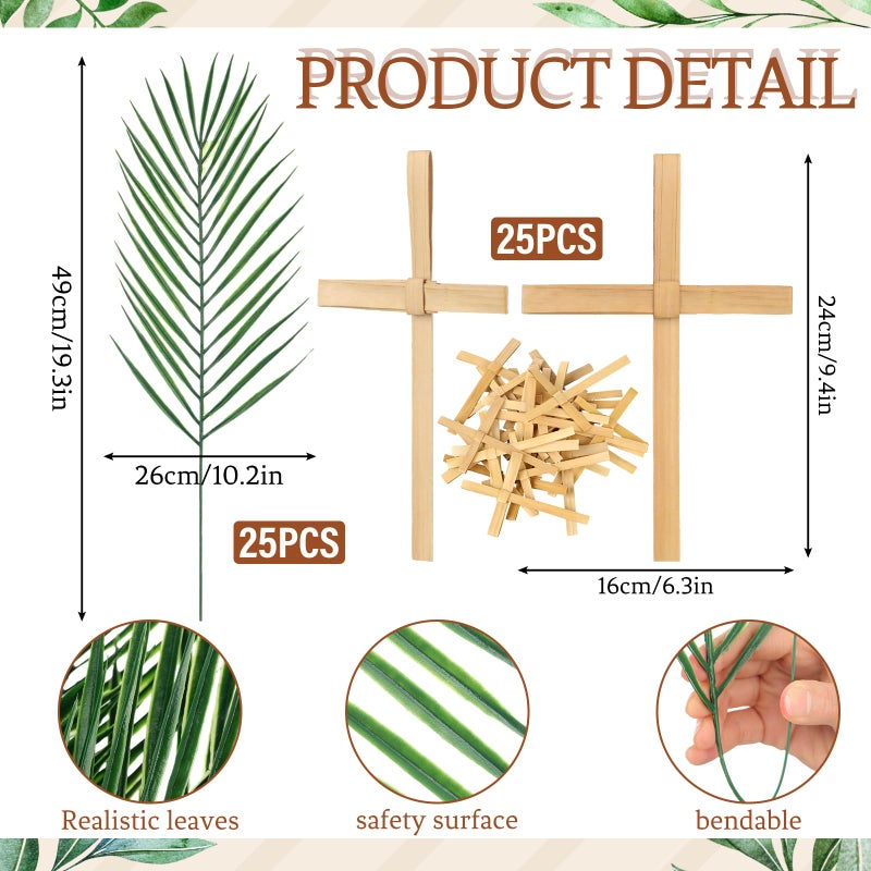 FineCheer 50 Pcs Easter Palm Sunday Decoration Crafts Including 25 5'' Religious Crosses and 25 9.4'' Artificial Palm Leaves Large Faux Plants Branches for Sunday Church Arrangement Party Decoration - Image 2