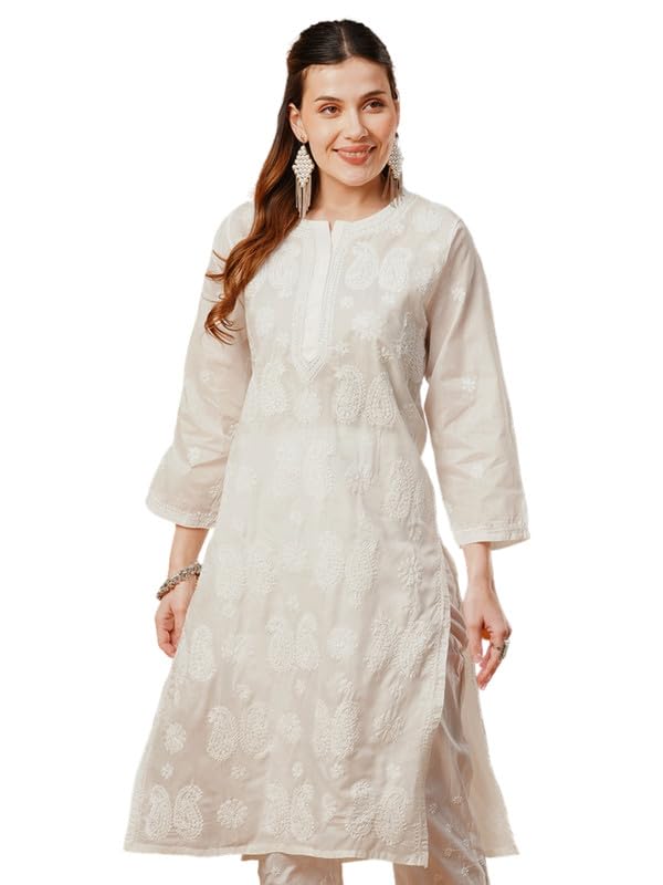 Ada Hand Embroidered Lucknowi Chikankari Cotton Kurti Kurta for Women A411617 Off White (XL) - Image 1