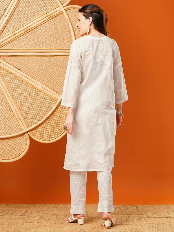 Ada Hand Embroidered Lucknowi Chikankari Cotton Kurti Kurta for Women A411617 Off White (XL) - Image 2