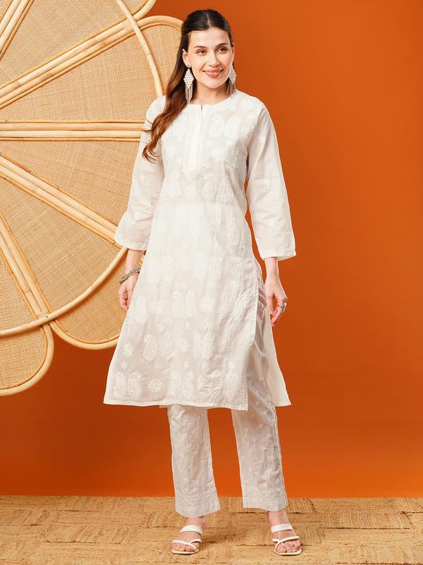 Ada Hand Embroidered Lucknowi Chikankari Cotton Kurti Kurta for Women A411617 Off White (XL) - Image 5