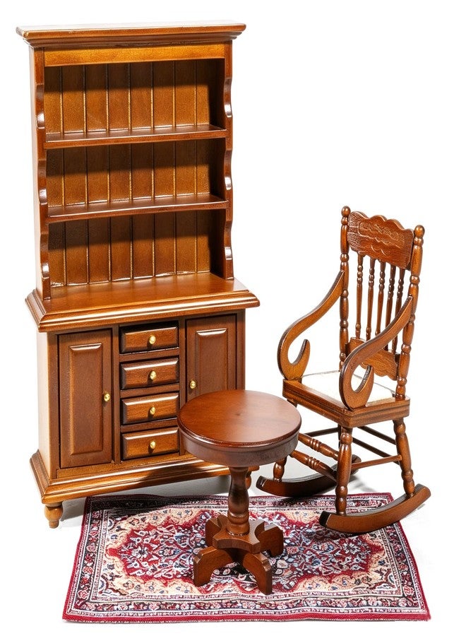 Furjane 1:12 Scale Miniature Wooden Furniture Set, Retro Bookshelf Bookcase Cabinet Rocking Chair Round Table with Rug Handmade Wood Accessories for Mini House Living Room Magic Witch House Decor - Image 1