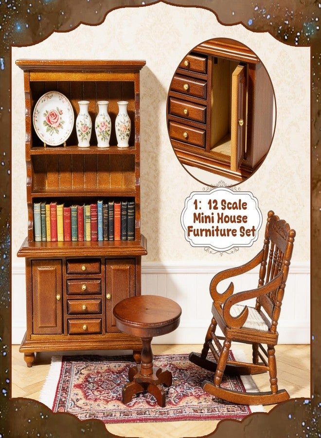 Furjane 1:12 Scale Miniature Wooden Furniture Set, Retro Bookshelf Bookcase Cabinet Rocking Chair Round Table with Rug Handmade Wood Accessories for Mini House Living Room Magic Witch House Decor - Image 3