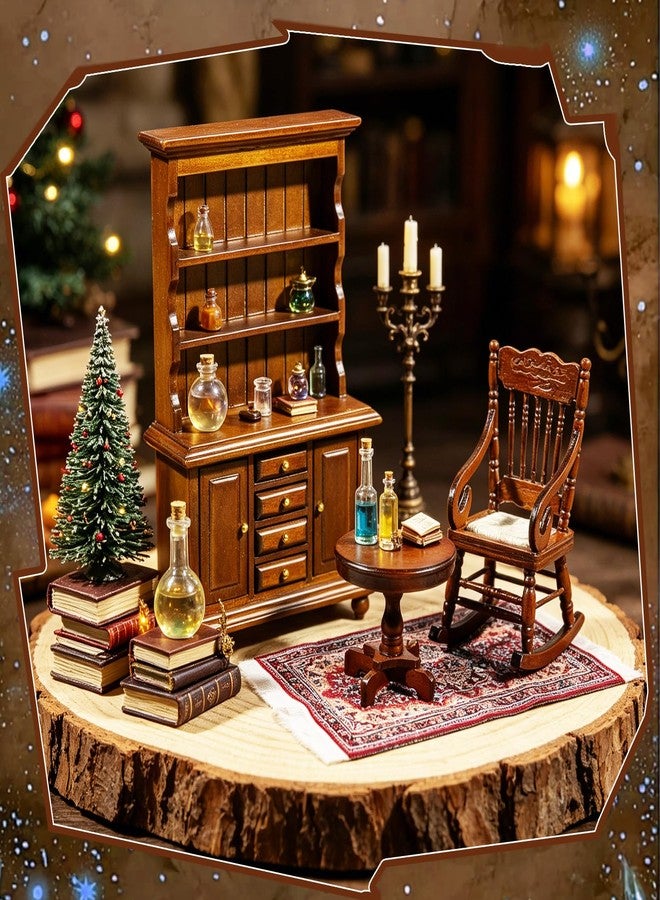 Furjane 1:12 Scale Miniature Wooden Furniture Set, Retro Bookshelf Bookcase Cabinet Rocking Chair Round Table with Rug Handmade Wood Accessories for Mini House Living Room Magic Witch House Decor - Image 4