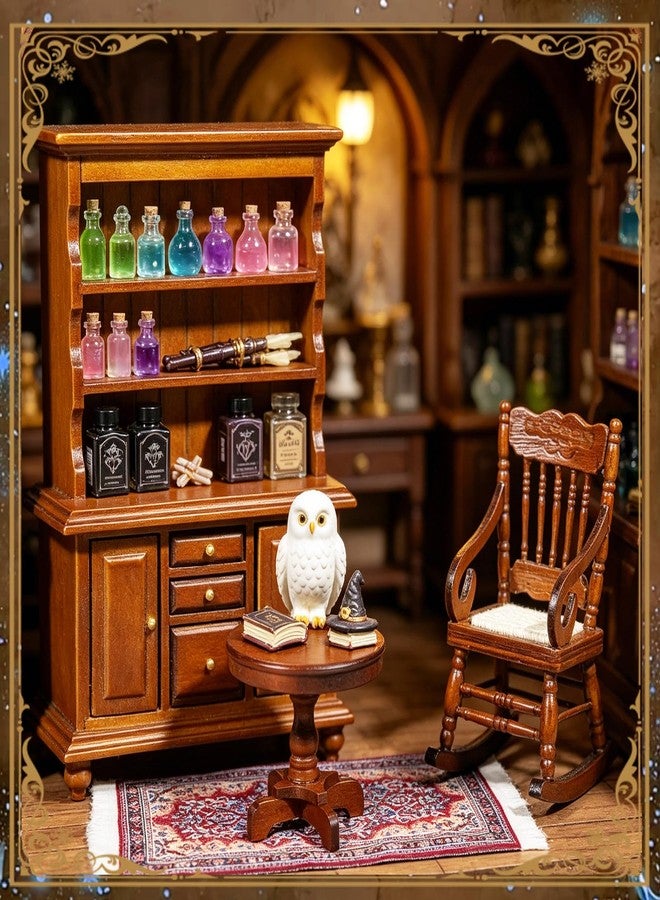 Furjane 1:12 Scale Miniature Wooden Furniture Set, Retro Bookshelf Bookcase Cabinet Rocking Chair Round Table with Rug Handmade Wood Accessories for Mini House Living Room Magic Witch House Decor - Image 5