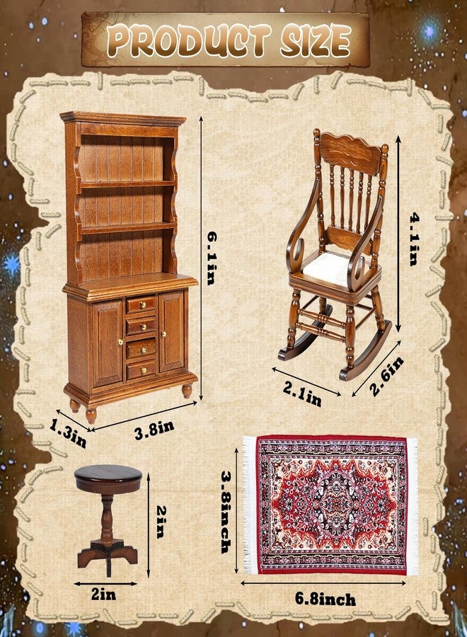 Furjane 1:12 Scale Miniature Wooden Furniture Set, Retro Bookshelf Bookcase Cabinet Rocking Chair Round Table with Rug Handmade Wood Accessories for Mini House Living Room Magic Witch House Decor - Image 2