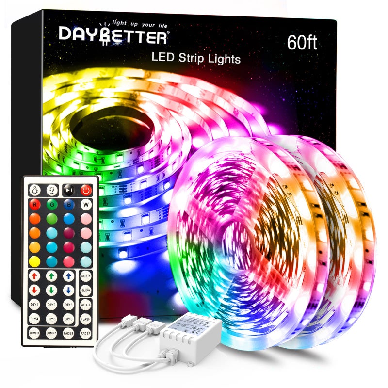 DAYBETTER Led Lights Color Changing Led Strip Lights with Remote Controller 60 ft 2 Rolls of 30 ft Led Lighting for Bedroom Home Decoration