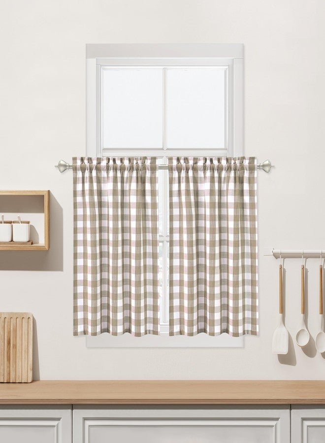 Bapawfish Beige Kitchen Cafe Curtains 45 Inches Length, Farmhouse Buffalo Check Pattern Short Bathroom Window Curtain, Tan Plaid Gingham Flax Rustic Half Window Tier Curtains, 28" x 45", Linen, Set of 2 - Image 1