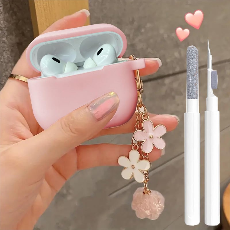 OTOPO Cute Pink Case for Airpods Pro 3 Cover for Girl Women with Pom pom Flower Keychain & Cleaner Kit, Soft Silicone Protective Skin for Airpods Pro 3rd Generation 2025, Pink - Image 1
