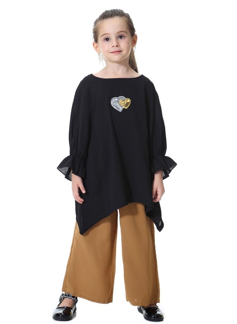 Loquat Girl's 2-Piece Set Outfit Round Neck Flare Sleeve Top And Loose Pants Suit Black/Brown  - Image 1