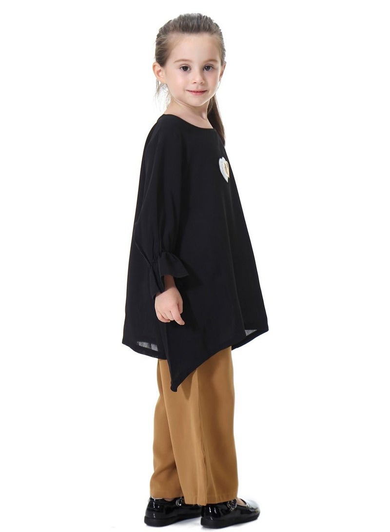 Loquat Girl's 2-Piece Set Outfit Round Neck Flare Sleeve Top And Loose Pants Suit Black/Brown  - Image 2