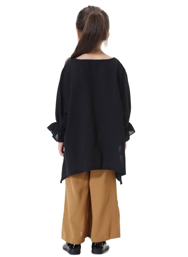 Loquat Girl's 2-Piece Set Outfit Round Neck Flare Sleeve Top And Loose Pants Suit Black/Brown  - Image 3