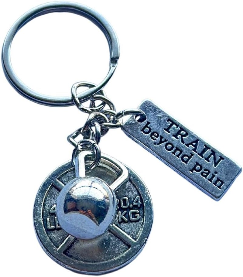 FKC Kettlebell & 45 Lbs Weightlifting Plate Silver Keychain & Motivational Tag - Image 2