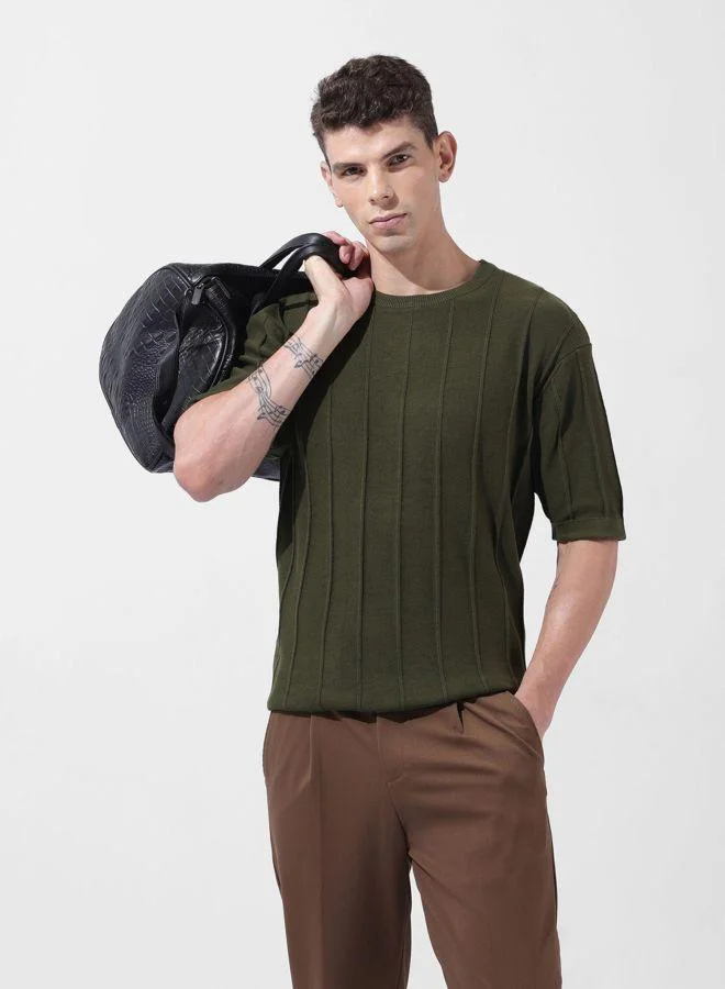 Men Oversized Fit Textured Crew Neck Half Sleeves T-Shirt