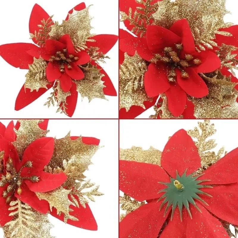 50/5pcs Glitter Christmas Poinsettia Artificial Flowers Xmas Tree Ornaments DIY Wreath Floral New Year Party Home Decoration - Image 5