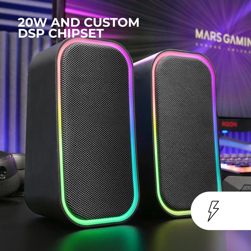 مارس_جيمنج Mars Gaming MS-OM، مكبرات صوت ألعاب بقوة 20 واط، إضاءة RGB ديناميكية، بلوتوث 5.3 + مدخل AUX-IN، صندوق تحكم في مستوى الصوت، شريحة DSP مخصصة، توافق عالمي، أسود - Image 2