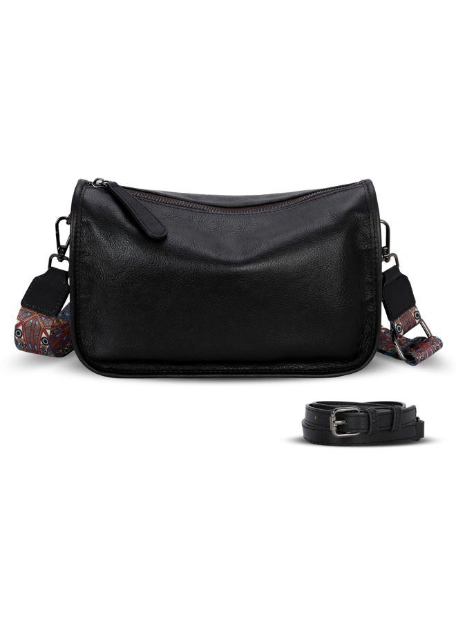 HESHE Leather Crossbody Bags Purse for Women Small Shoulder Purses Guitar Strap Satchel Vintage Hobo Handbags(Black) - Image 1