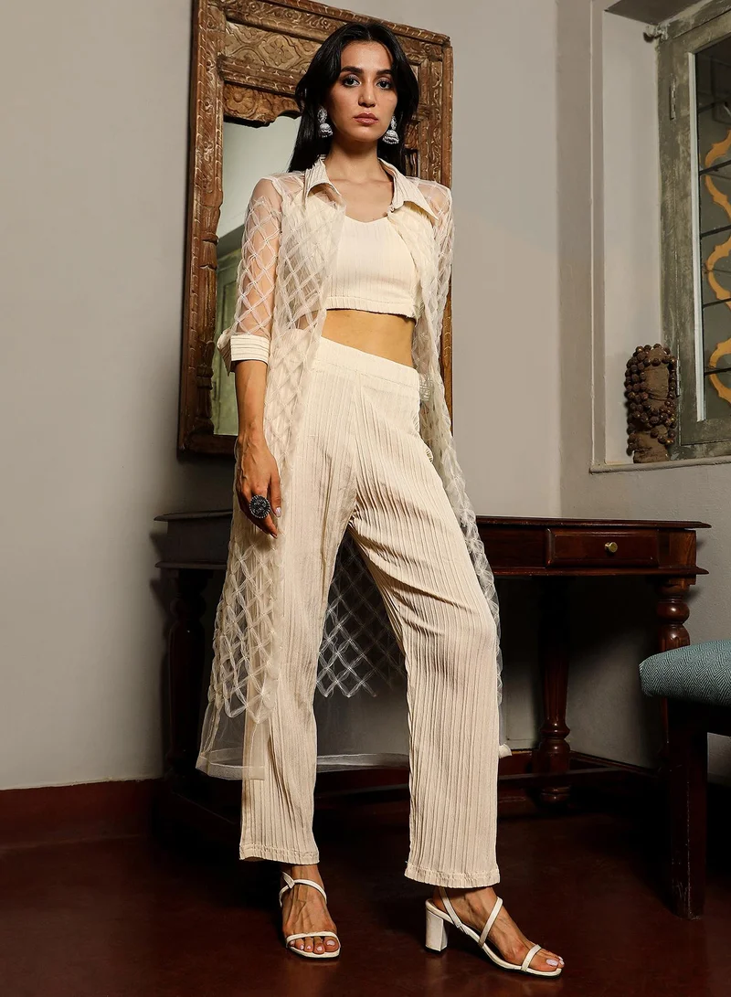 QISSA Women's Pale Yellow Sheer Geometric Co-Ord Set For Casual Wear | V-Neck | Quarter Sleeve | 3 Piece Co-Ords Designed With Comfort Fit For Everyday Ethnic Wear