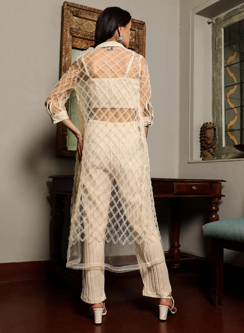 QISSA Women's Pale Yellow Sheer Geometric Co-Ord Set For Casual Wear | V-Neck | Quarter Sleeve | 3 Piece Co-Ords Designed With Comfort Fit For Everyday Ethnic Wear