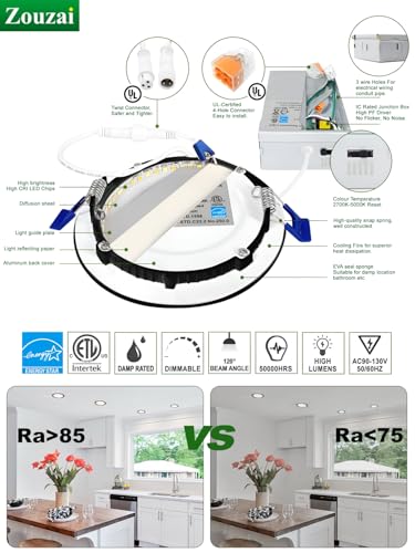 zouzai 12 Pack 4 Inch Black 5CCT Reset Ultra-Thin LED Recessed Ceiling Light with Junction Box, 2700K/3000K/3500K/4000K/5000K Selectable, 9W Dimmable, led can Lights - ETL and Energy Star Certified - Image 5