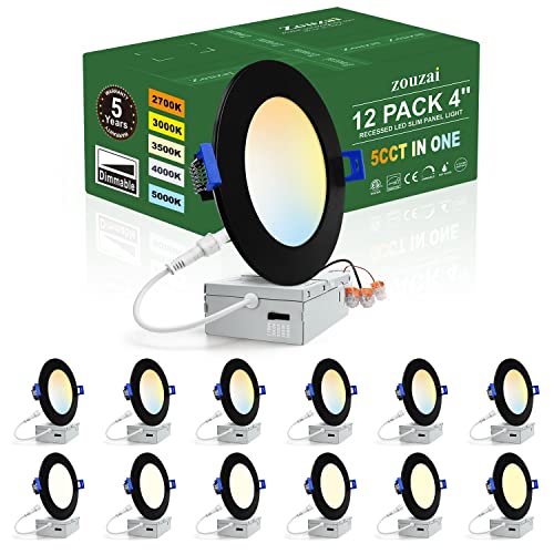 zouzai 12 Pack 4 Inch Black 5CCT Reset Ultra-Thin LED Recessed Ceiling Light with Junction Box, 2700K/3000K/3500K/4000K/5000K Selectable, 9W Dimmable, led can Lights - ETL and Energy Star Certified - Image 1