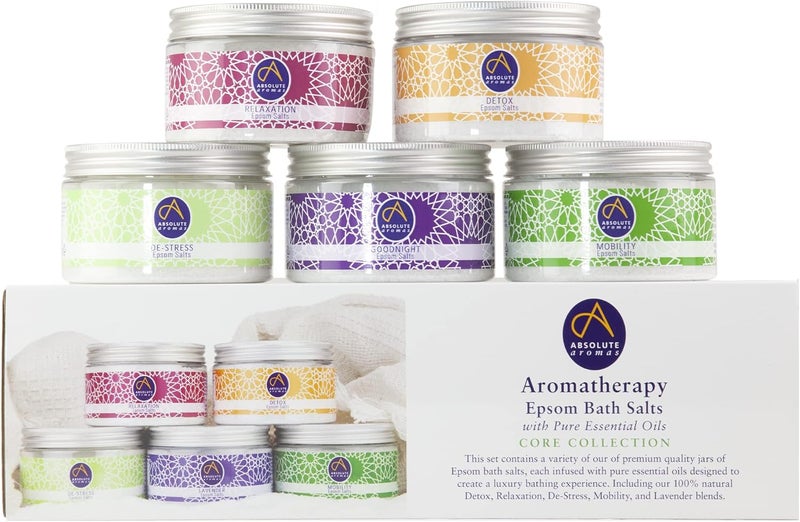 Absolute Aromas Epsom Bath Salts Bundle Gift Set 5 x 300g of DeStress Detox Lavender Mobility and Relaxation Bath Salts Magnesium Sulphate Infused with 100 Pure Essential Oils