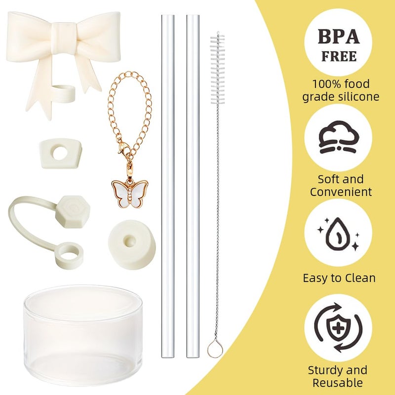 HASTHIP ® for Stanley Cup Accessories & Charm Kit Set of 9Pcs Kit Cute Bow Straw Cap, 2 Straight Straws, Cleaning Brush, Handle Charm, Bottom Sleeve(Cup NOT Included) - Image 3