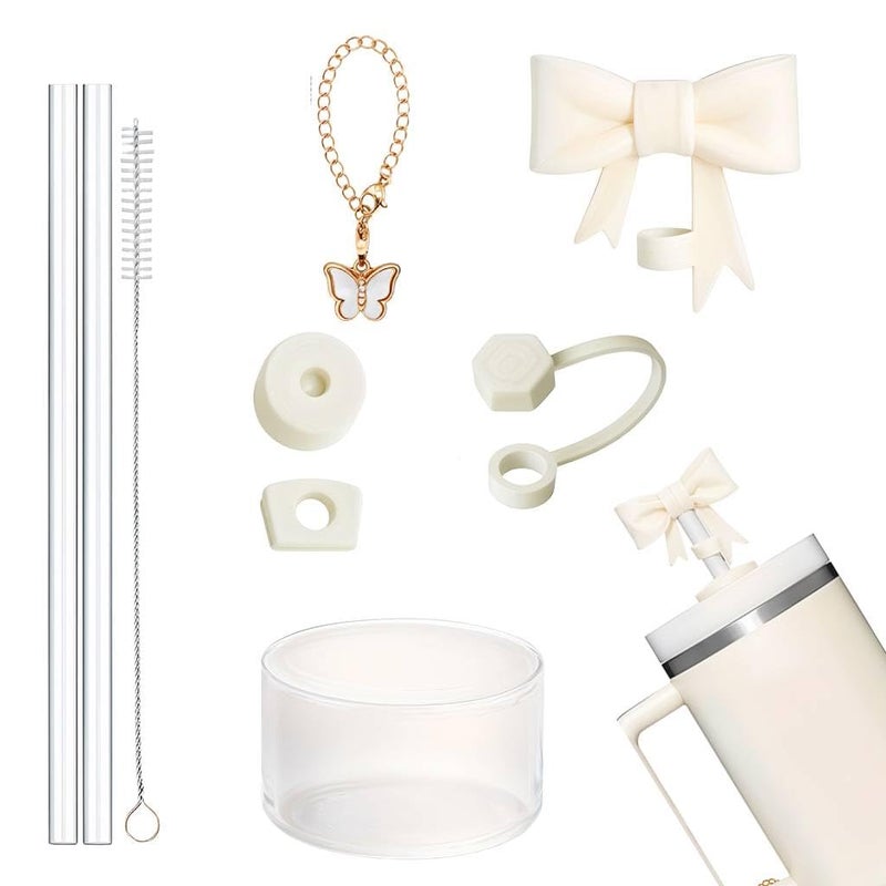HASTHIP ® for Stanley Cup Accessories & Charm Kit Set of 9Pcs Kit Cute Bow Straw Cap, 2 Straight Straws, Cleaning Brush, Handle Charm, Bottom Sleeve(Cup NOT Included) - Image 1