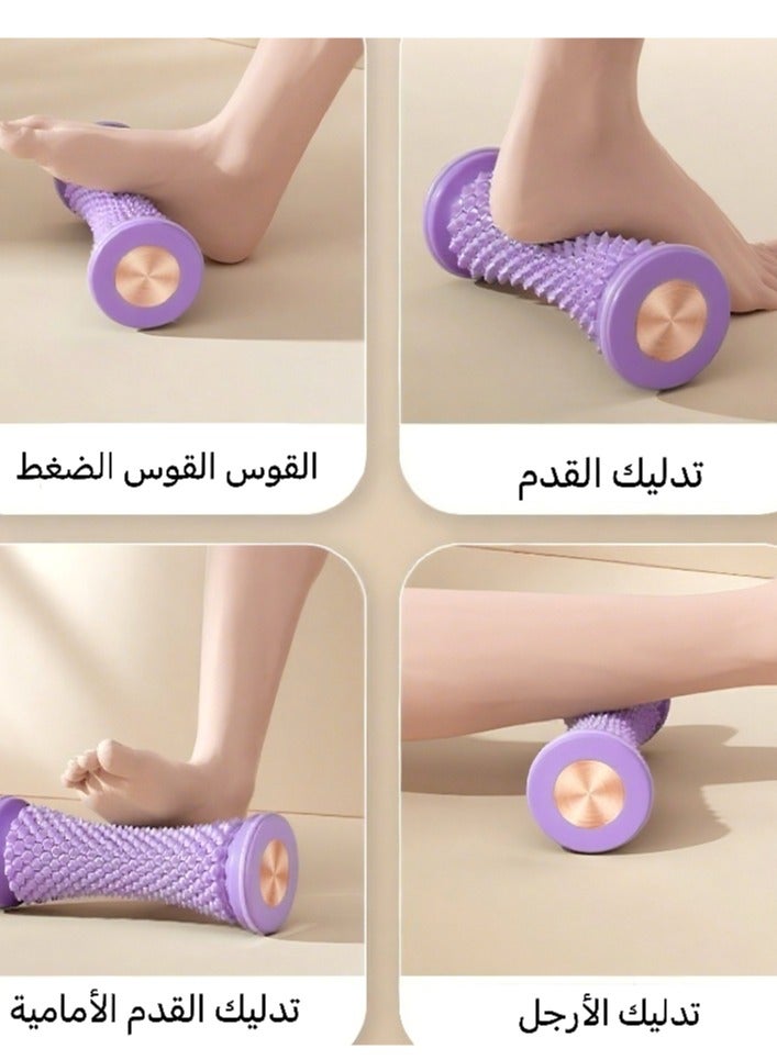 Massage the soles of your feet to alleviate foot pressure and promote relaxation. Utilize a foot massage roller and a pointed massage ball to relieve discomfort caused by conditions such as flat feet, running, or prolonged wearing of high heels. The color purple is often associated with soothing and calming effects. - Image 1