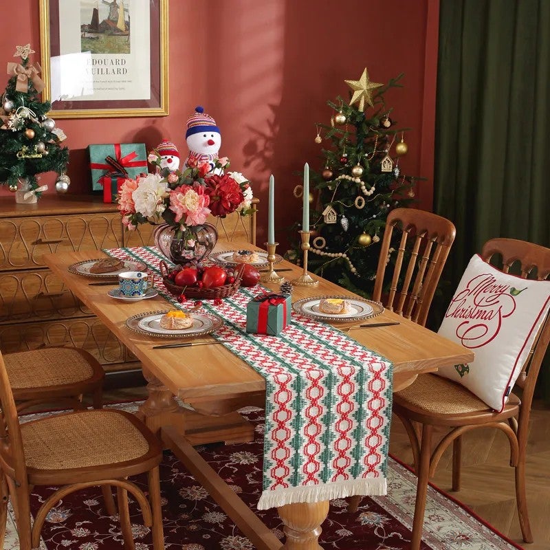 Y&D Natural Color Woven Table Runner with Color-Blocked Tassel, Striped and Diamond-Shaped Checkered Design for Table, Chest, or Cabinet Decoration - Image 1
