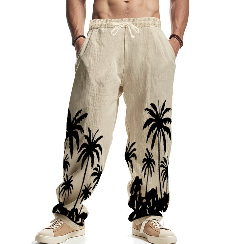 Men's Casual Linen Loose Fit Beach Print Long Pants - Image 3