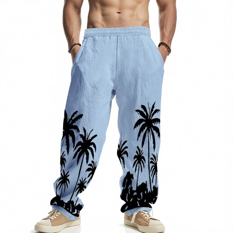Men's Casual Linen Loose Fit Beach Print Long Pants - Image 1