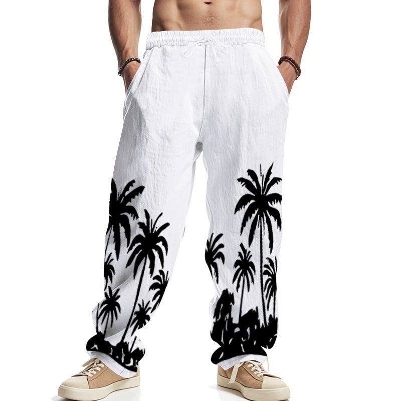 Men's Casual Linen Loose Fit Beach Print Long Pants - Image 2